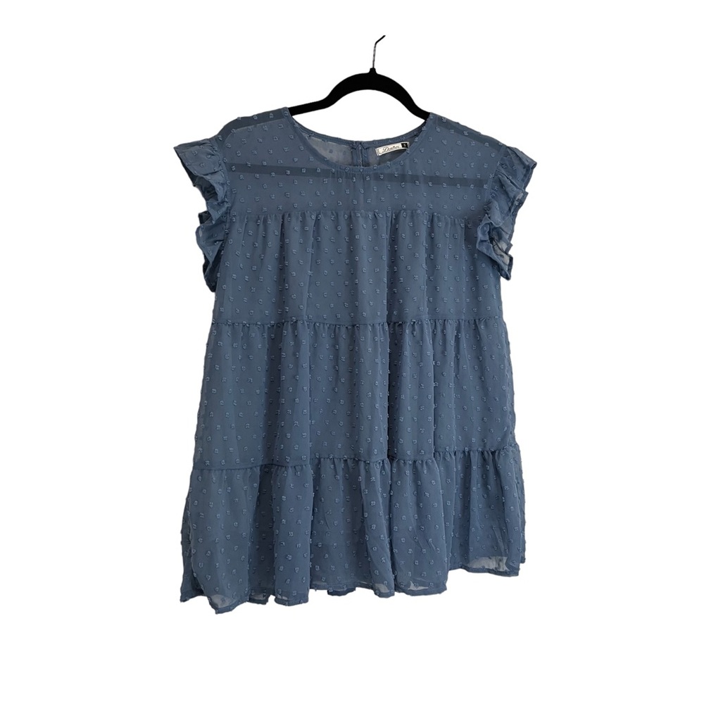 DoRose Blue Swiss Dot Short Sleeve Keyhole Sheer Tiered Top Blouse Womens Size S